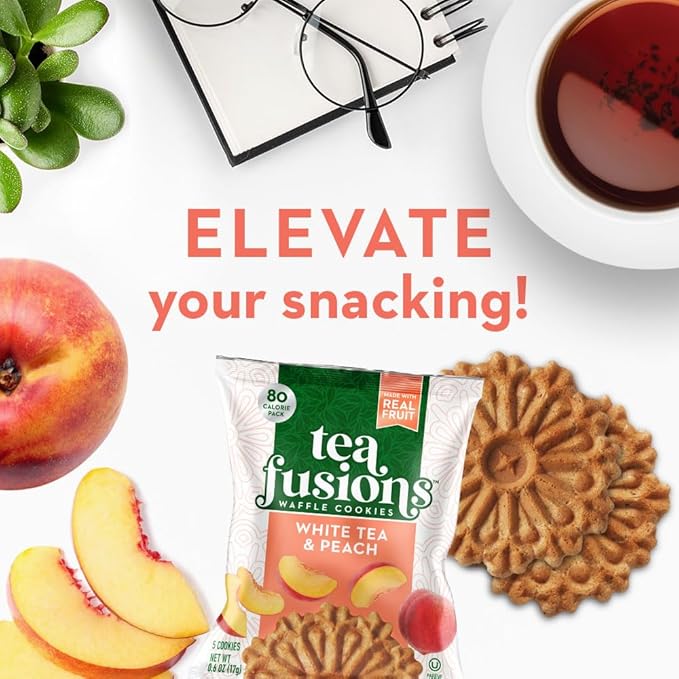 Reko Tea Fusions Waffle Cookies, White Tea & Peach - Individually Wrapped Single Serve Snack Packs