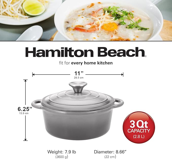 Hamilton Beach 3-Quart Enameled Cast Iron Dutch Oven with Lid | Cream Interior for Even Heat