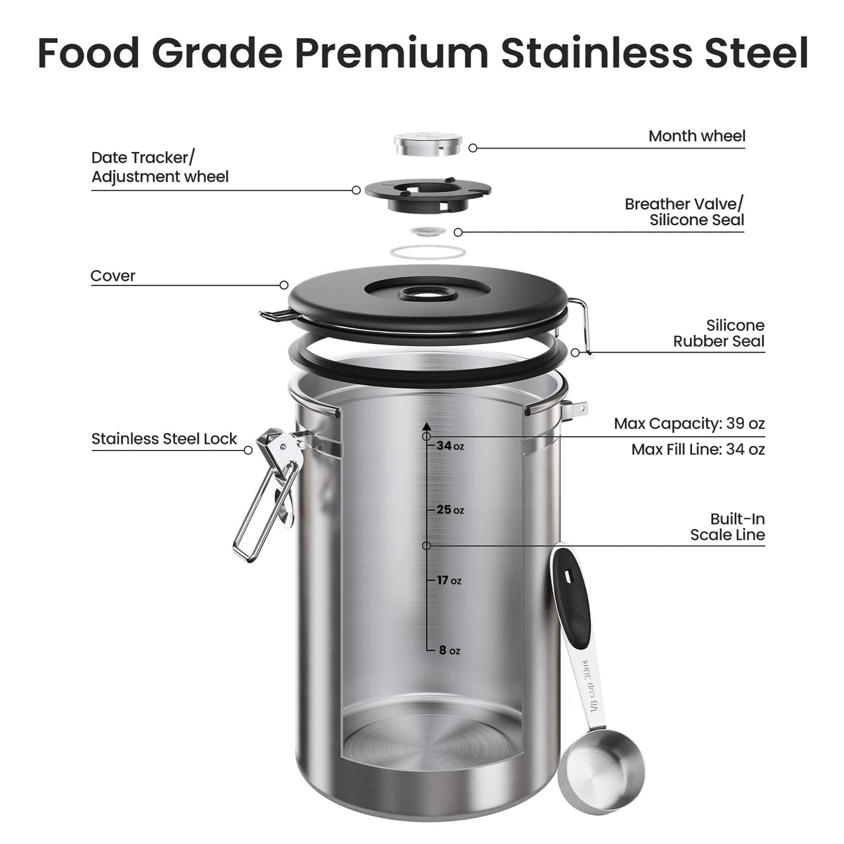 Veken Coffee Canister,39OZ, 2.2lbs,Large Airtight Stainless Steel Container