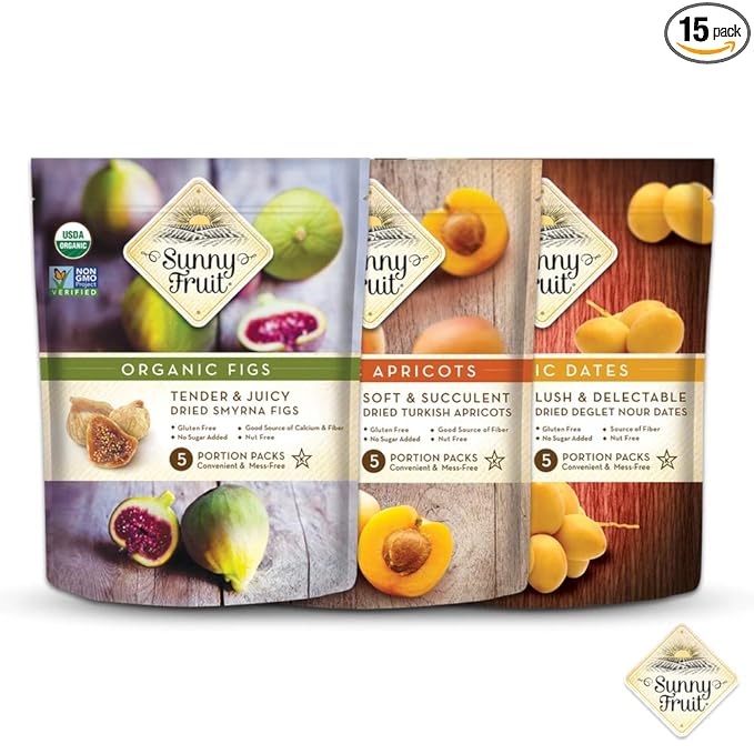 Sunny Fruit Organic Dried Fruit Assortment - Dates, Figs & Apricots Variety, 3 Bags (15 Individual