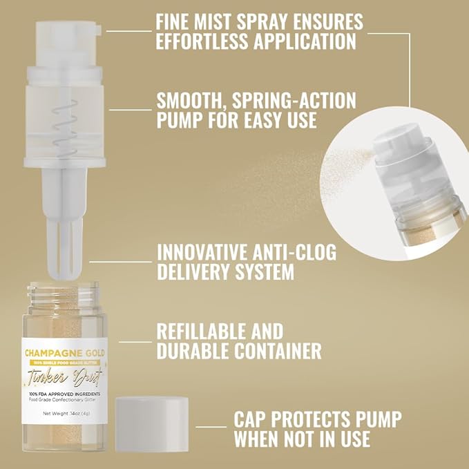 Bakell - Champagne Gold Tinker Dust Edible GLitter (4g, 1x Mini Spray Pump) for Food, Desserts, and