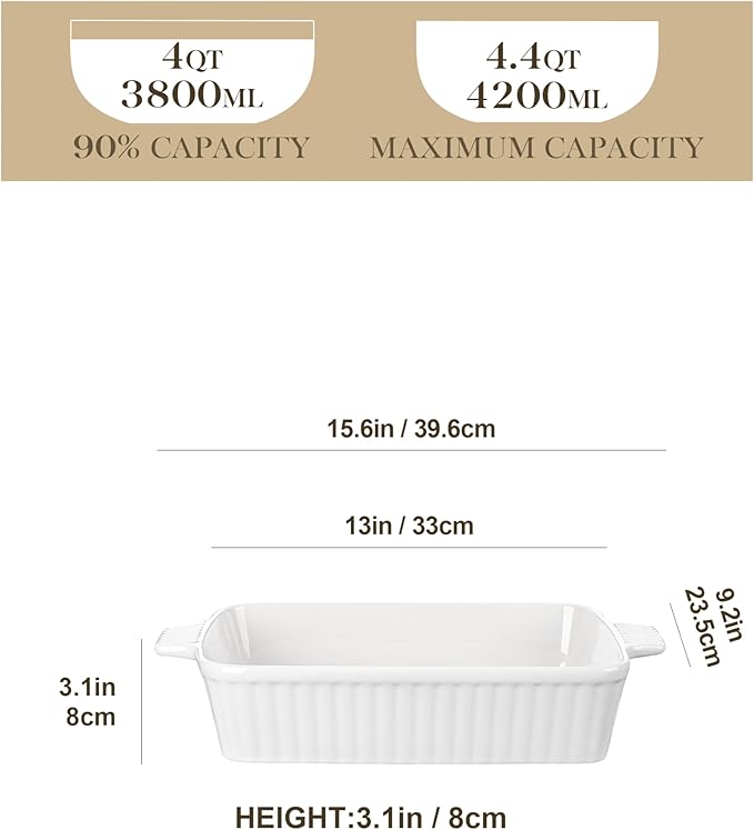 MALACASA 4.4 QT Baking Dish, 9x13 Large Casserole Dish for Oven, Ceramic Baking Pan, Rectangular