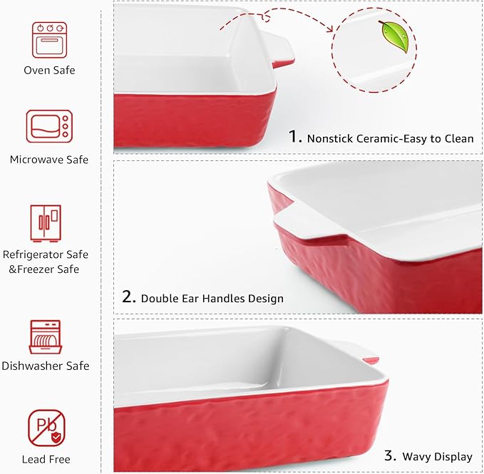 4 QT Baking Dish, Casserole Dishes for Oven, 9x13 Baking Pan with Handles, Lasagna Pan Deep