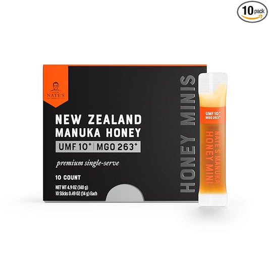 Nate's Manuka Honey Minis - 10 count Single-serve, Pure Manuka Honey - MGO 263+ | UMF Certified 10+