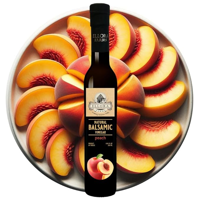 Ellora Farms, Peach fruit Infused Greek Balsamic Vinegar, thick and creamy, no-added sugars
