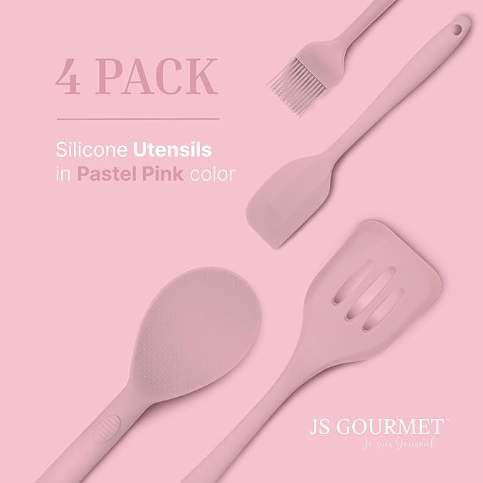 Silicone Utensils 4-Piece Set ??Rubber Spatula, Pastry Brush, Slotted Turner, and Rice Paddle