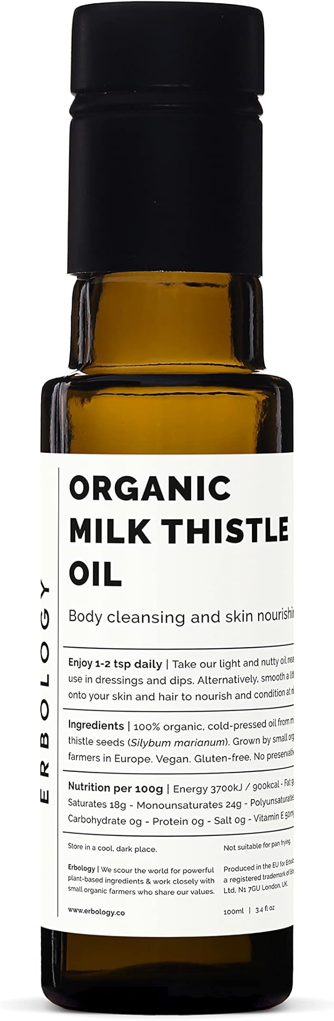 Erbology Organic Milk Thistle Oil 3.4 fl oz - Cold-Pressed - High in Vitamin E - Detoxifying