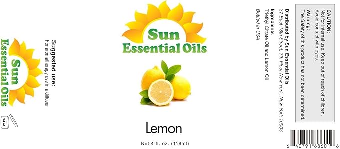 Sun Essential Oils - Lemon Essential Oil 4 oz for Cleaning, Diffuser, Humidifier & Aromatherapy