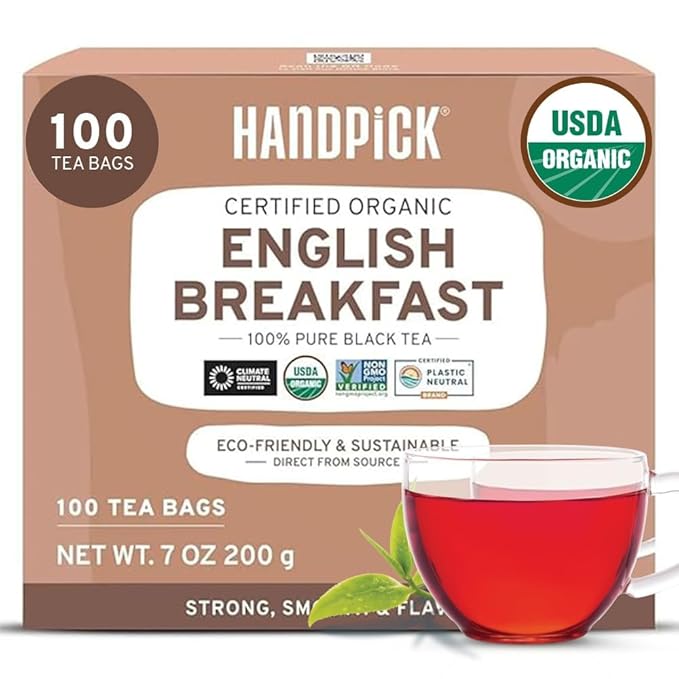 HANDPICK, Organic English Breakfast Black Tea Bags (100 Count) USDA Organic, Non-GMO | Strong