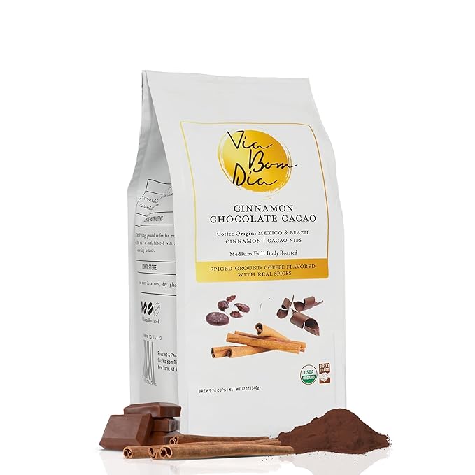 Via Bom Dia 100% Naturally Flavored Ground Coffee, Cinnamon Chocolate, Medium Roast, No Artificial