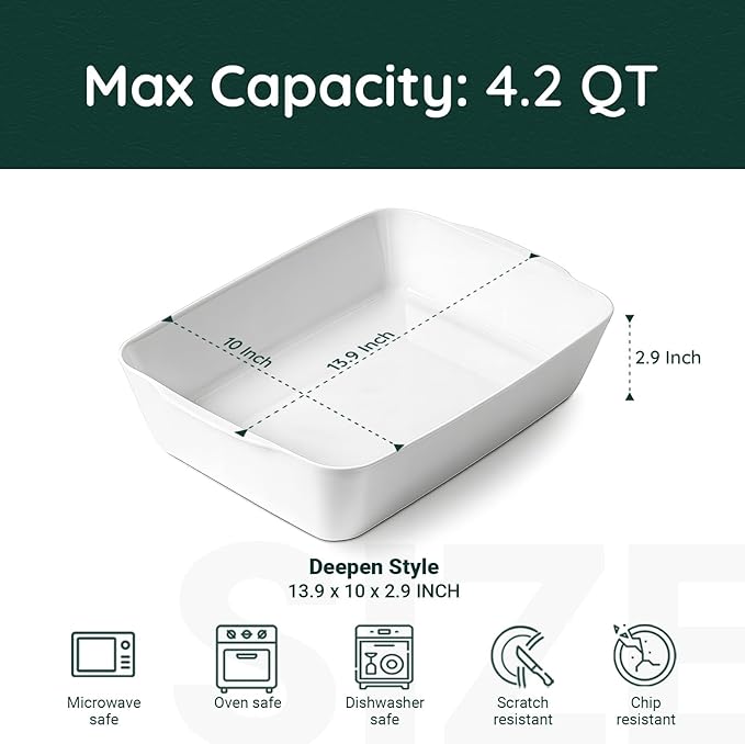 4.2 QT Deep Ceramic Baking Dish, White Casserole Dish, Lasagna Pan for Oven, Ceramic Baking Pan