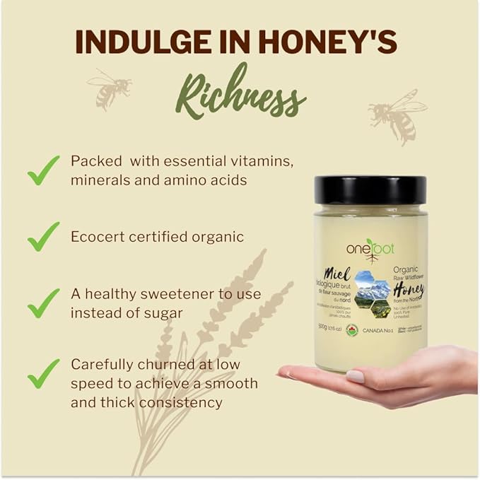 Oneroot 100% Organic Canadian Flower Honey - 17.6 Oz/1.1 Lbs, White Honey Wildflower Unfiltered