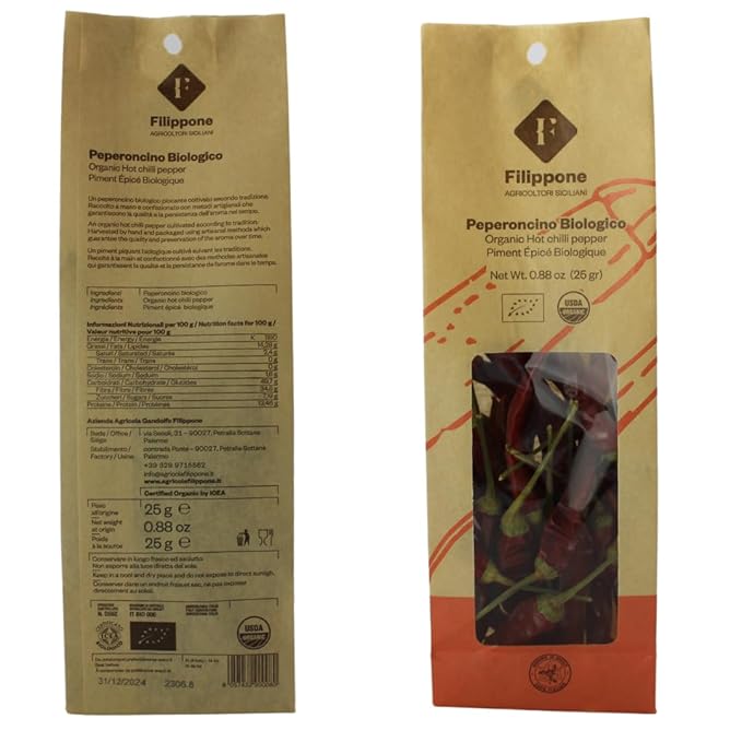 FILIPPONE - Organic Whole Dried Chili Peppers, on Stem, 25 g (0.88 oz), Spicy Sicilian Pepperoncino