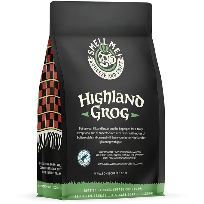 Bones Coffee Company Highland Grog, Butterscotch Caramel Flavored Coffee, Medium Roast Low Acid