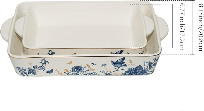 Baking Pans Set of 2 Blue flower 14 inch Ceramic for Oven Large Casserole Baking Dish Set with
