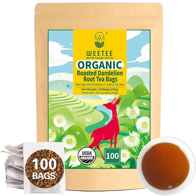 WT WEETEE Organic Roasted Dandelion Root Tea Bags, Dandelion Herbal Tea 100 Count, Caffeine Free