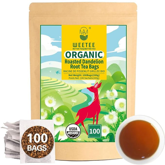 WT WEETEE Organic Roasted Dandelion Root Tea Bags, Dandelion Herbal Tea 100 Count, Caffeine Free