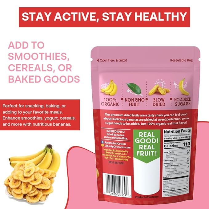 Liberty Orchard Organic Whole Dried Banana - Naturally Sweetened Dried Fruit Snack for Healthy