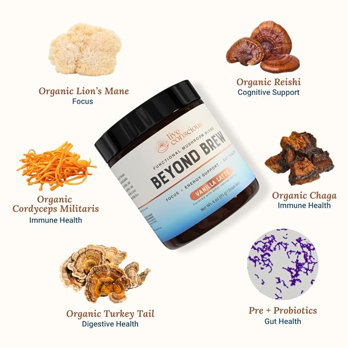 Beyond Brew Vanilla Latte Coffee Alternative - Mushroom Complex w/Lion’s Mane, Reishi, Cordyceps &
