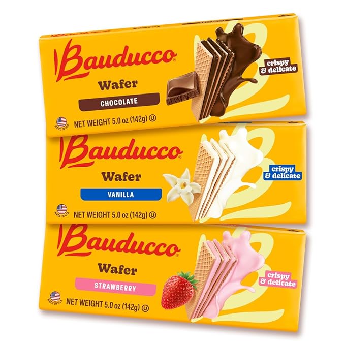 Bauducco Wafer Cookies, Assorted, Chocolate, Vanilla, and Strawberry, 60 oz (Pack of 12) - Crispy &