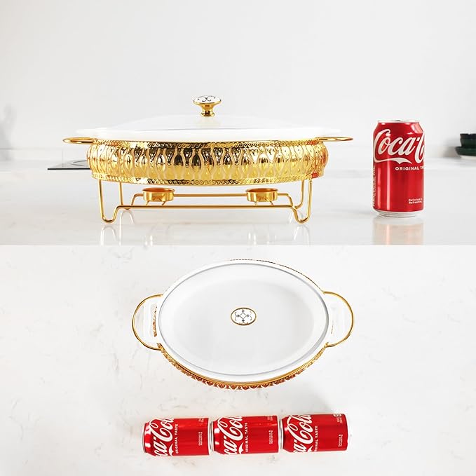11" x 7" Ceramic Oval Casserole Dish with Glass Lid and Gold rack, 1.3 Quart White Serving Soup