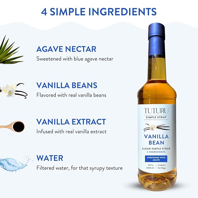Vanilla Bean Agave Simple Syrup for Coffee & Cocktails - Sweetened with Organic Agave Nectar
