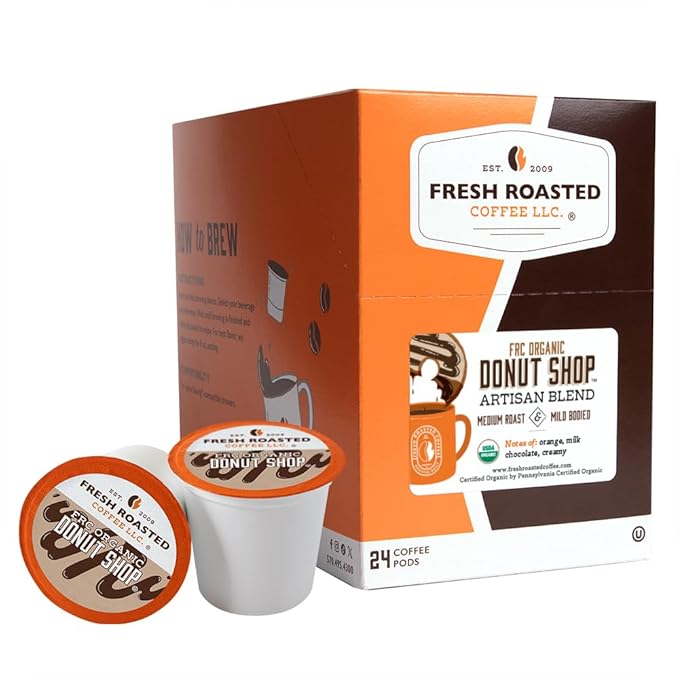 Fresh Roasted Coffee, Organic Donut Shop | USDA Organic, Kosher | Medium Roast 24 Pods for K-Cup