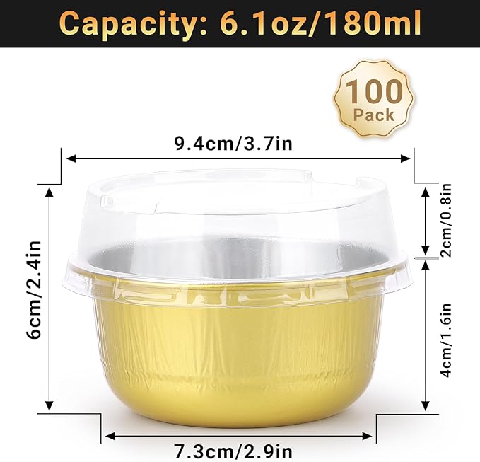 Beasea Aluminum Ramekins With Lids, 100 Pack 6.1oz 180ml Disposable Foil Aluminum Baking Cups Round