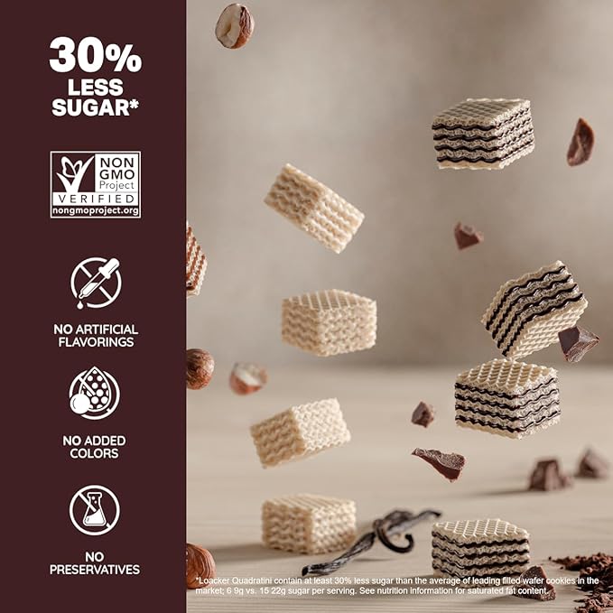 Loacker Quadratini Cocoa & Milk Wafer Cookies LARGE - 30% Less Sugar - Premium Crispy Bite Size