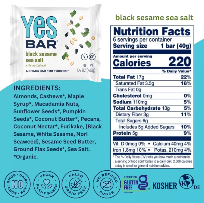 The YES Bar ??Black Sesame Sea Salt ??Plant Based Protein, Decadent Snack Bar ??Vegan, Paleo