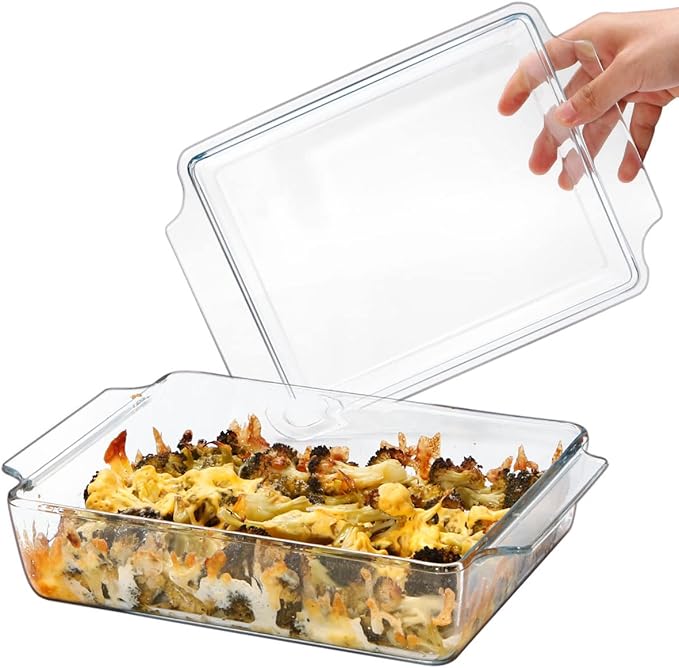 NUTRIUPS 8 x 9.5 Inches Rectangular Glass Casserole Dish With Glass Lid 2 Quart Glass Bakeware