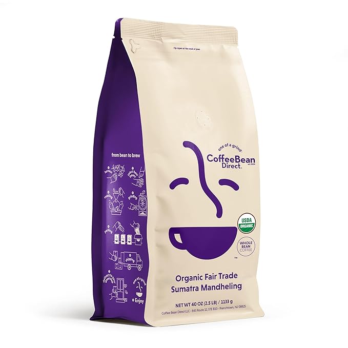Coffee Bean Direct Organic Fair Trade Sumatra Mandheling, Whole Bean Coffee, Light Roast, 2.5 Pound