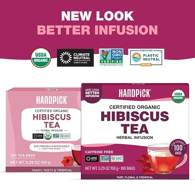 HANDPICK, Organic Hibiscus Tea Bags (100 Tea Bags) | Caffeine-Free, 100% Natural Pure Indian