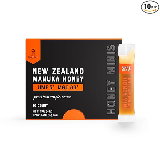 Nate's Manuka Honey Minis - 10 count Single-serve, Pure Manuka Honey - MGO 83+ | UMF 5+ Certified