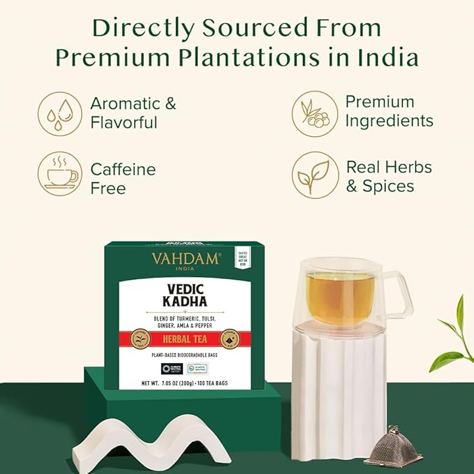 VAHDAM, Vedic Kadha Herbal Tea Bags (100 Ct) Caffeine Free, 100% Real Ingredients - Turmeric, Black