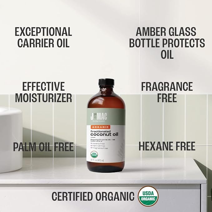 J MAC BOTANICALS Organic Fractionated Coconut Oil (16 Ounce Glass Bottle) Organic Carrier Oil and