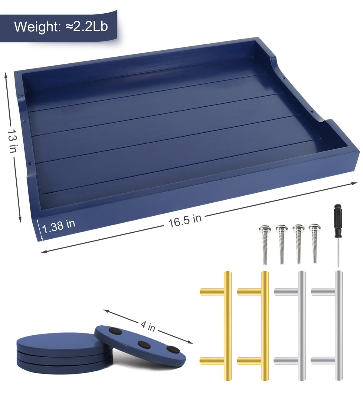 SXNOWS Wooden Serving Tray with 2 Sets of Handles,Navy Blue
