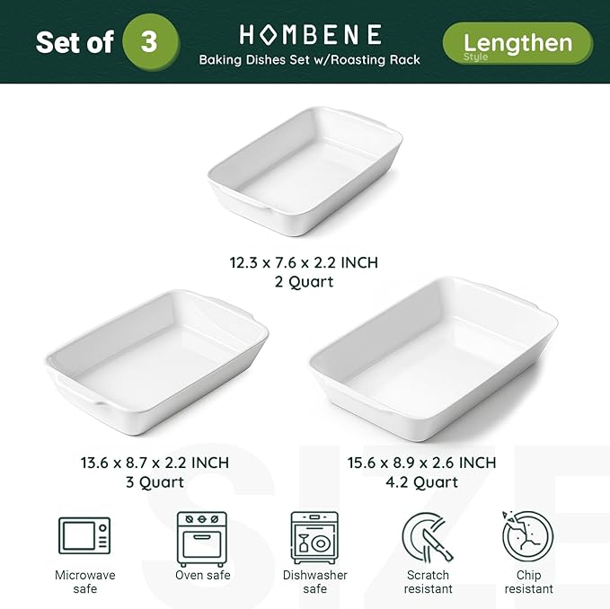Casserole Dishes for Oven, Ceramic Baking Dishes Set of 3 with Roasting Racks, Rectangular Lasagna