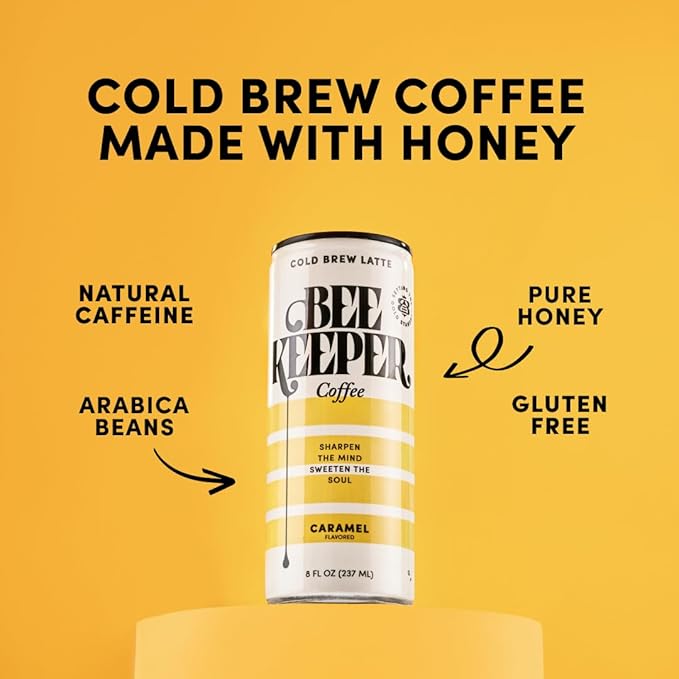 Beekeeper Coffee Cold Brew Caramel Latte with Oregon Honey, 8 fl oz cans (Pack of 12)