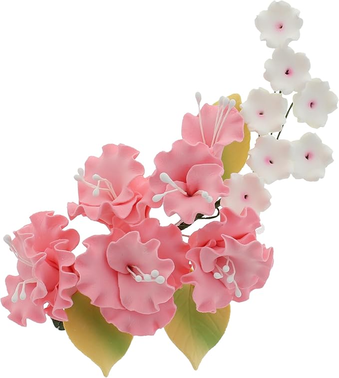 Sugar Blossom Cake Spray – Gumpaste Flowers for Cake Decorating – Pink Cherry Blossoms with Green