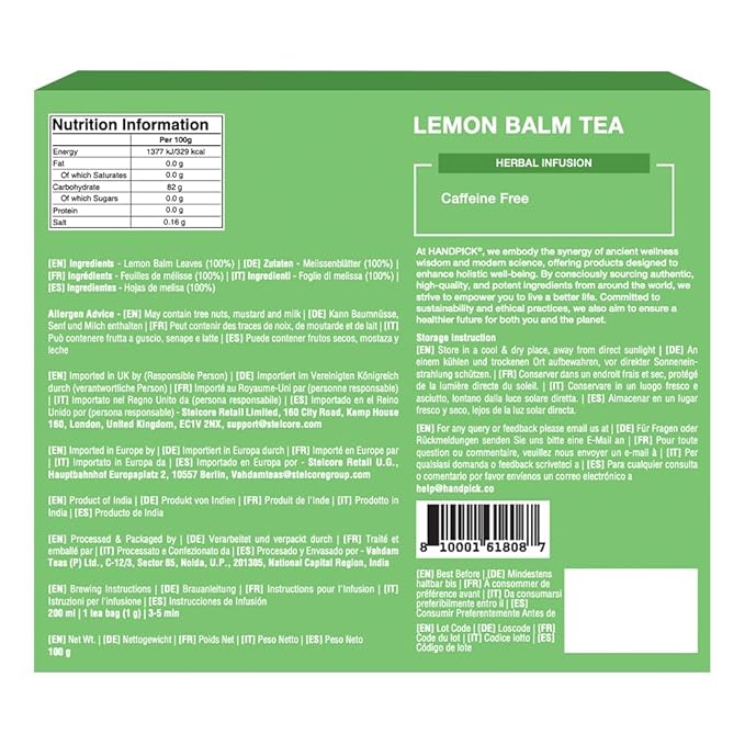 HANDPICK Lemon Balm Tea Bags ??100 Count | 100% Pure Natural Dried Lemon Balm Herb | Caffeine-Free