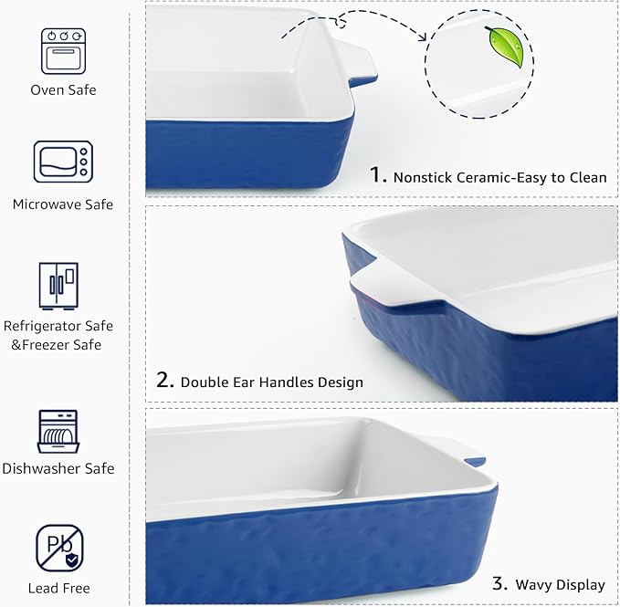 4 QT Baking Dish, Casserole Dishes for Oven, 9x13 Baking Pan with Handles, Lasagna Pan Deep