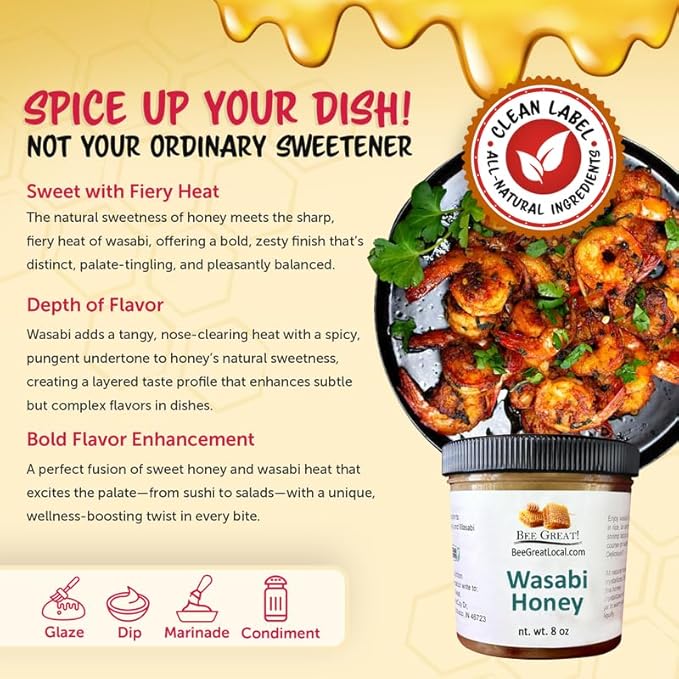 Bee Great Wasabi Hot Honey – Bold Sweet Heat with Wasabi Kick – Great with Sushi, Seafood & Salads