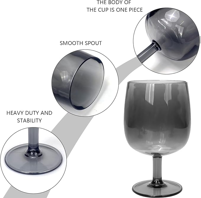 Yalin Set of 6 Unbreakable 12 oz Acrylic Plastic Wine and Water Tumbler Stackable Goblets. (Gray