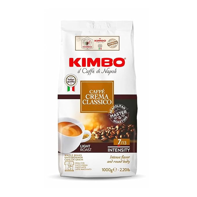 Kimbo Caffe Crema Classico Whole Bean Coffee | Blended and Roasted in Italy | Light Roast | 7/13