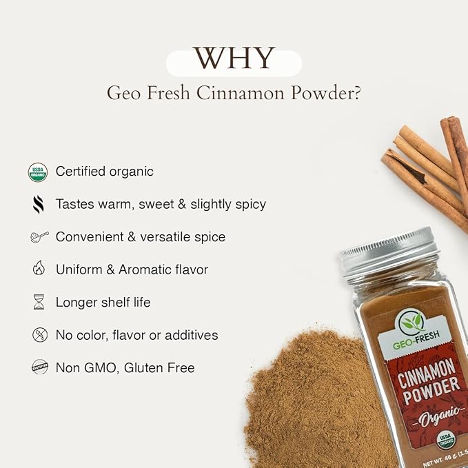 Geo-Fresh Organic Cinnamon Powder ??1.59 oz Glass Jar ??Cassia Cinnamon Powder Organic ??USDA