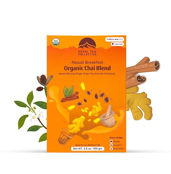 NEPAL TEA Organic Chai Tea Loose Leaf - Certified Organic Black Tea with Ginger, Cinnamon &
