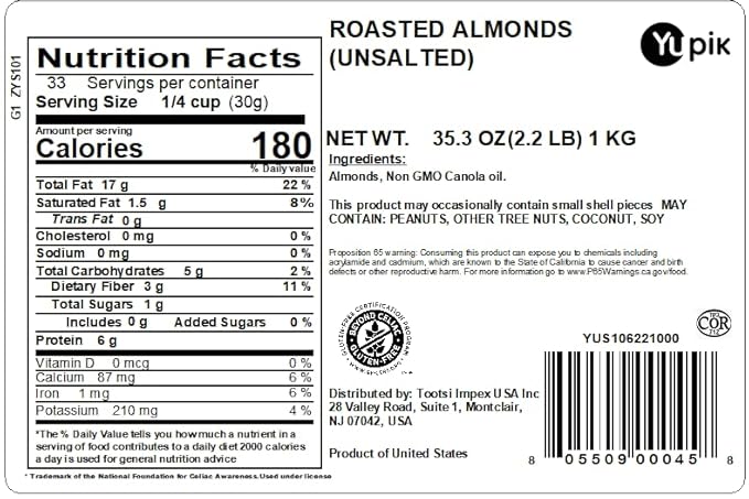 Yupik Roasted Unsalted Almonds, 2.2 lb (35.2 oz), Gluten-free, Kosher, Vegan, Whole Nuts, No Added