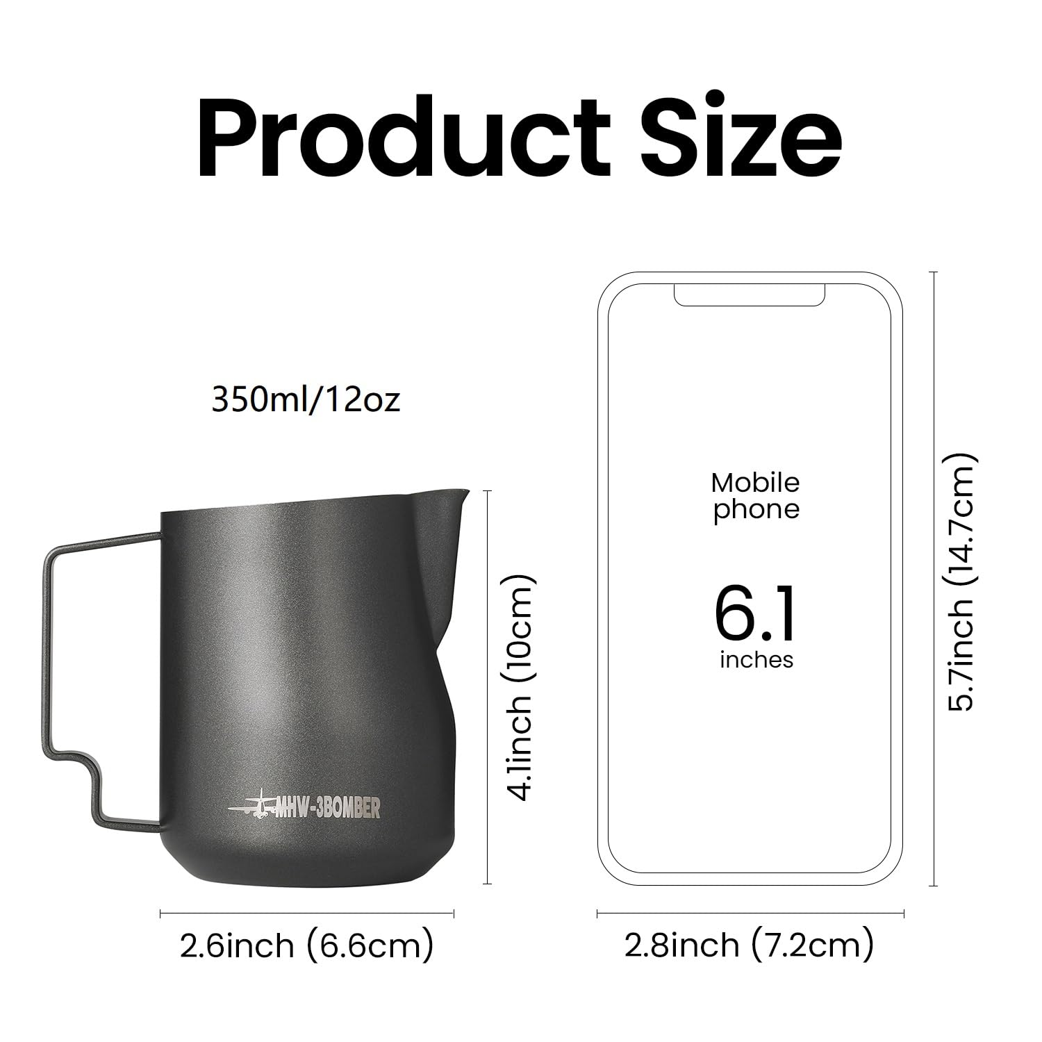 MHW-3BOMBER Milk Frothing Pitcher 12oz Milk Frother Cup Espresso Steaming Pitcher Stainless Steel