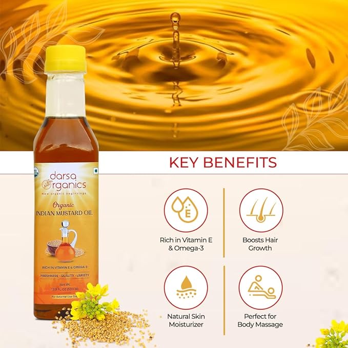 Darsa Organics Cold-Pressed Mustard Oil 16.9 oz (500ml) ??USDA Organic, Unrefined & Chemical-Free